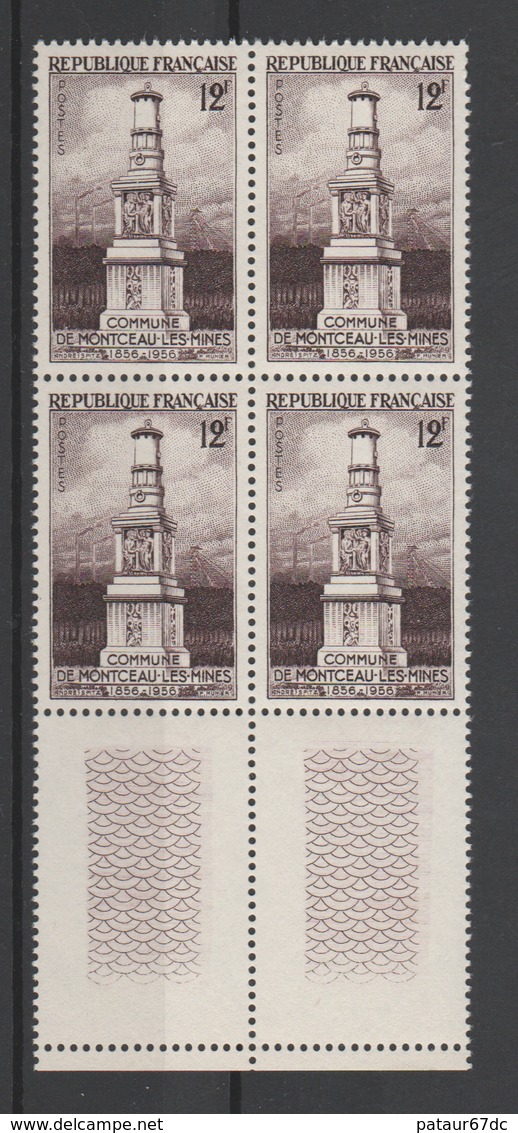 FRANCE / 1956 / Y&T N° 1065 ** : Montceau-les-Mines (Saône-et-Loire) X 4 En Bloc Dont 2 BdF Bas - Gomme Intacte - Neufs