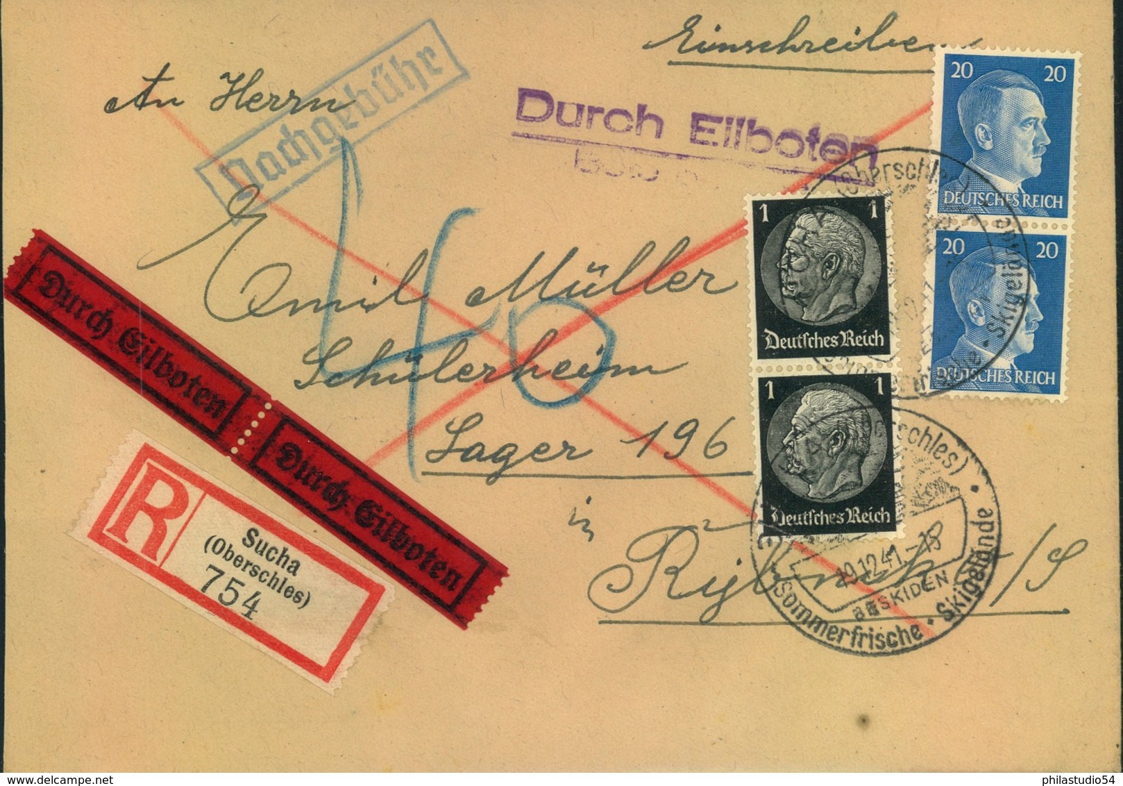 1941, R-Eilbrief Ab SUCHA (Oberschlesien) Lager 196 (Umsiedlung Volksdeutscher" In Rybnik - Nachporto - Other & Unclassified