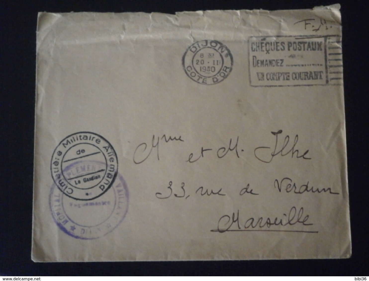 FRANCE FM FRANCHISE ENVELOPPE LETTRE COURRIER PLI GUERRE CIMETIERE MILITAIRE ALLEMAND HOPITAL VAILLANT DIJON COTE OR - Guerre De 1939-45