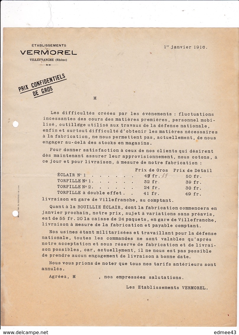 Intéressant Courrier 1916 Matériel Défense Nationale Etablissements Vermorel, Usine Militarisée, Villefranche, Rhône - 1914-18