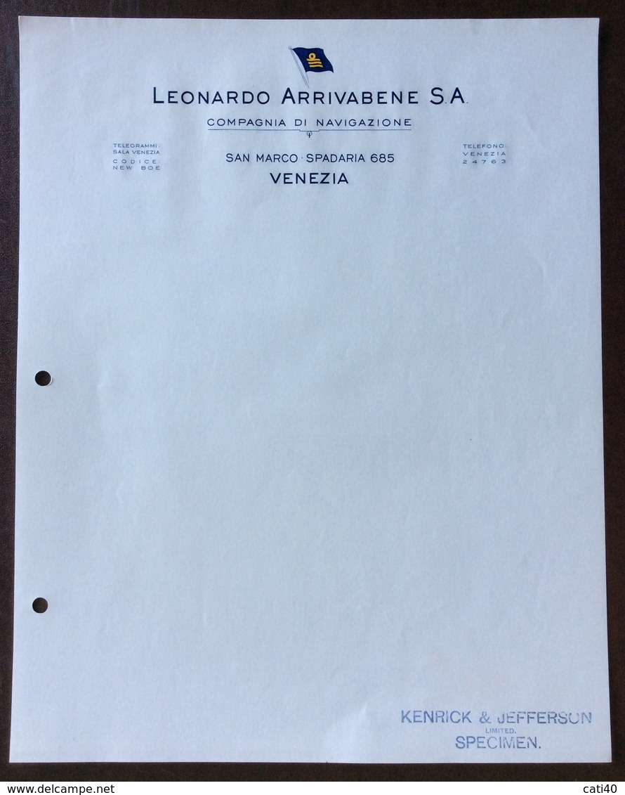 NAVIGAZIONE VENEZIA  COMPAGNIA LEONARDO ARRIVABENE S.A.   LETTERA  SPECIMEN KENRICK & JEFFERSON LTD .LONDRA - Werbung