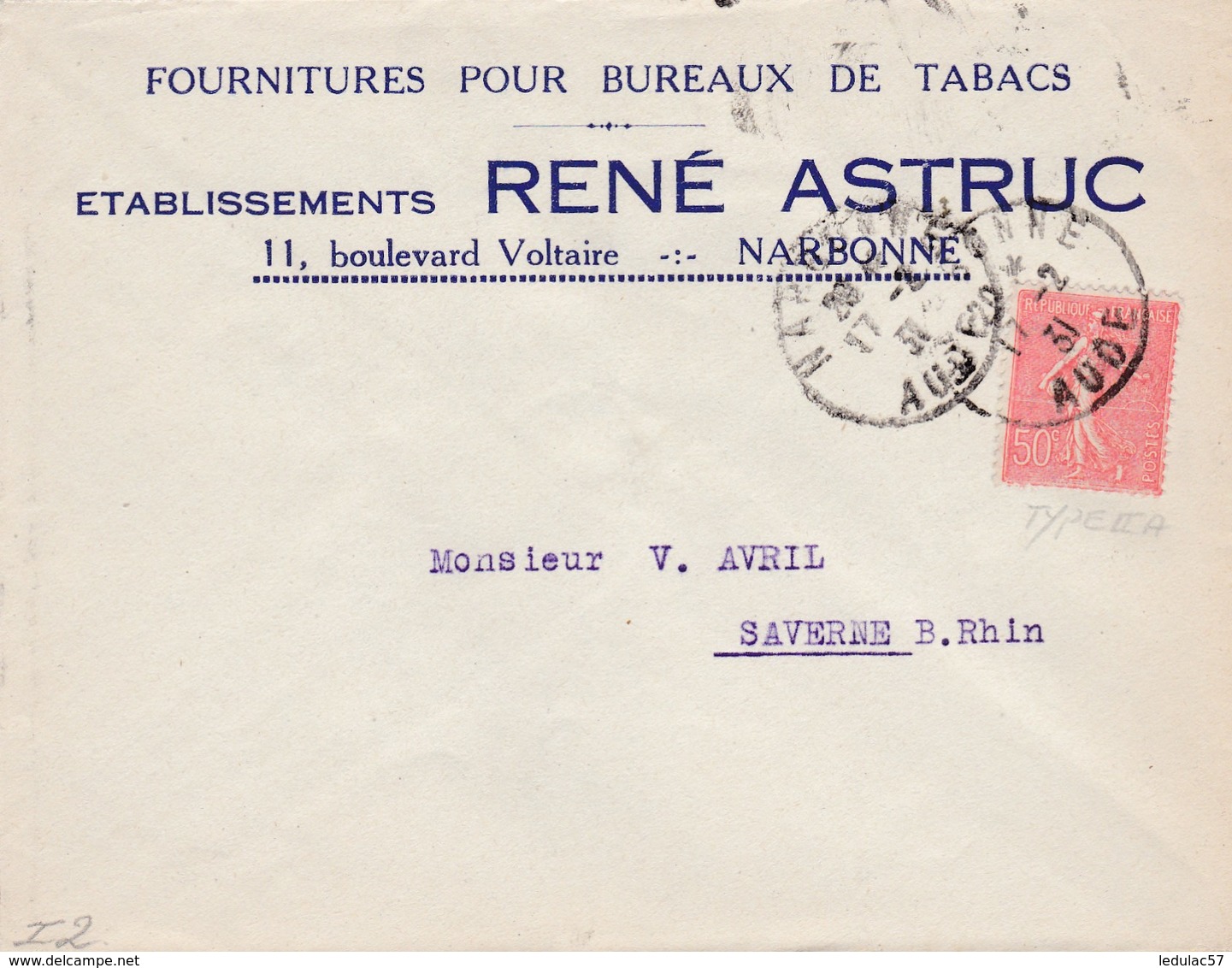 N°199 IIA Type Semeuse Lignée Seul / Lettre Des Ets René Astruc De Narbonne(Aude) Fournitures Pour Bureaux De Tabacs. - 1921-1960: Période Moderne