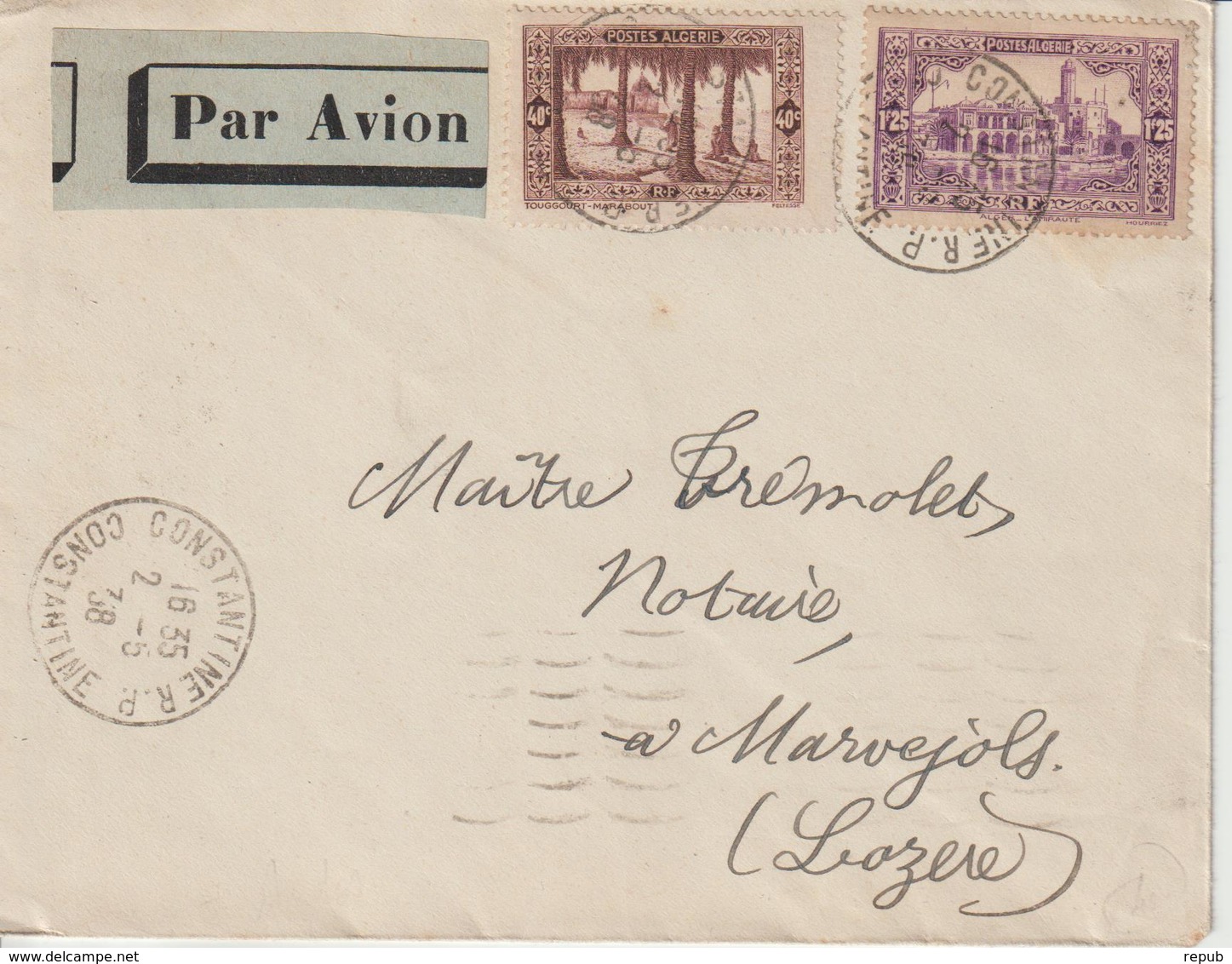 Algérie Lettre Par Avion 1938 Constantine Pour La France Lozère Au Verso Oblit. Marseille Gare Avion - Lettres & Documents