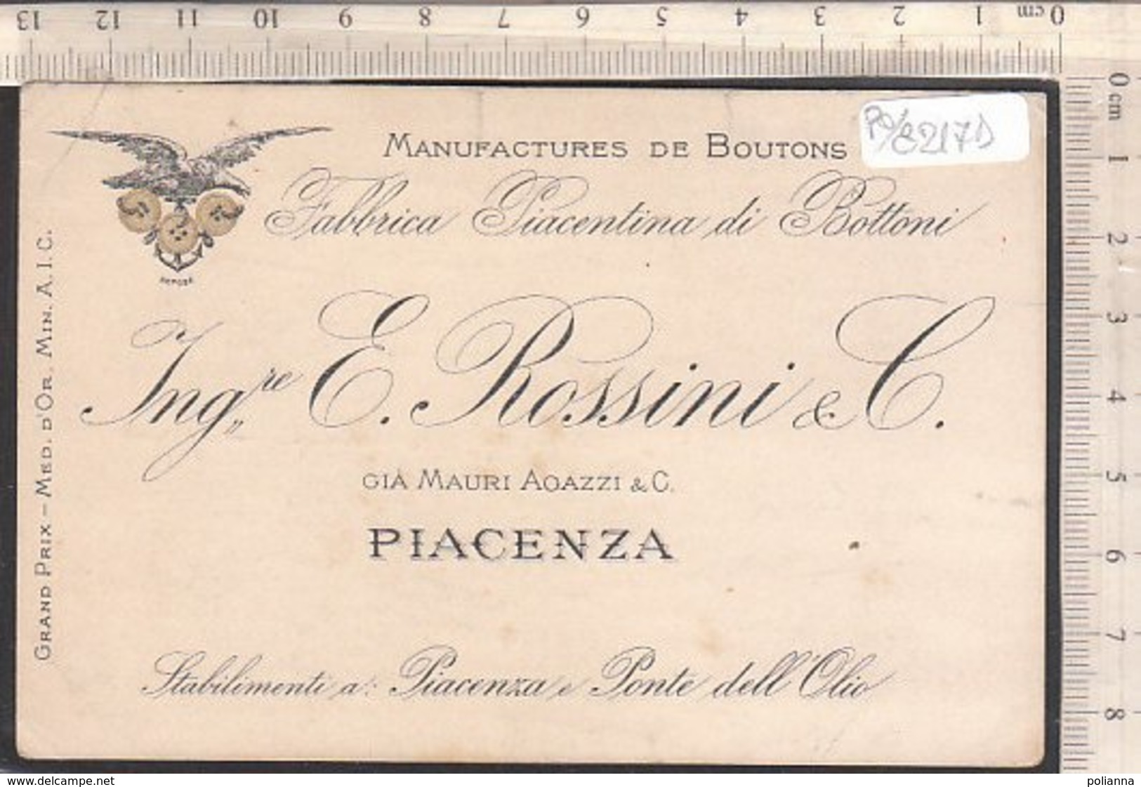 PO8217D# BIGLIETTO CARTONCINO VISITAFABBRICA BOTTONI ROSSINI & C. PONTE DELL'OLIO PIACENZA 1912 - Tarjetas De Visita