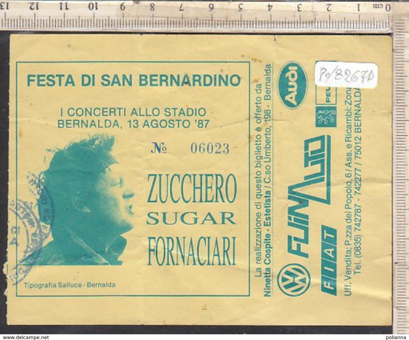 PO8267D# BIGLIETTO CONCERTO ZUCCHERO SUGAR FORNACIARI - FESTA DI SAN BERNARDINO STADIO BERNALDA - MATERA 1987 - Tickets De Concerts