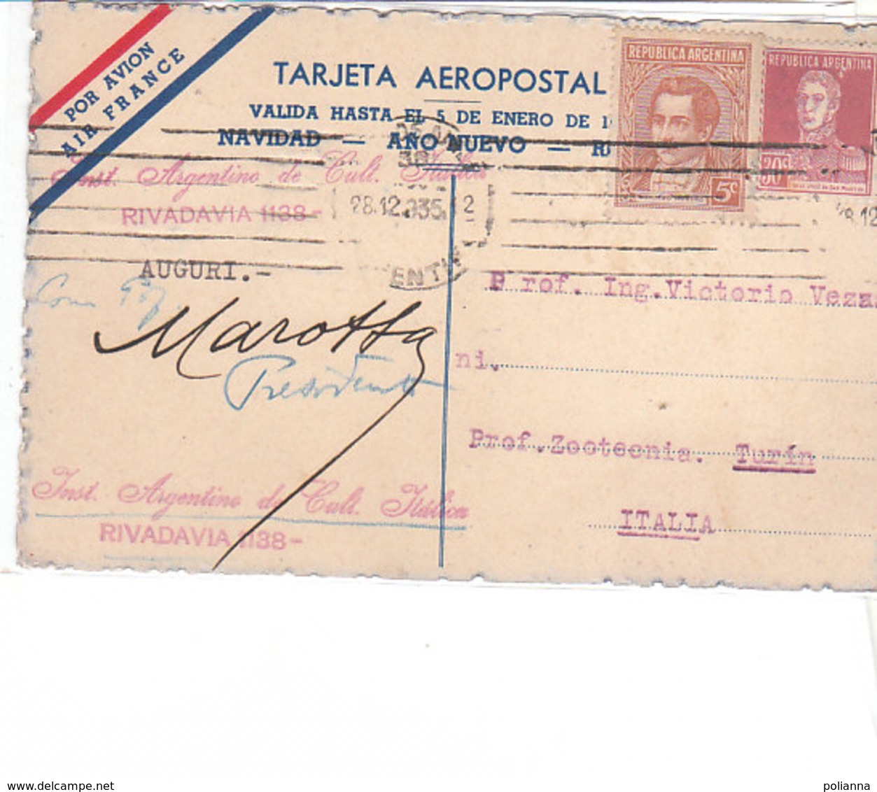 PO8649D# AUGURALE ANNO NUOVO - IST. ARGENTINO CULTURA ITALICA - AVIAZIONE - AEREI AIR FRANCE  VG 1935 - Nouvel An