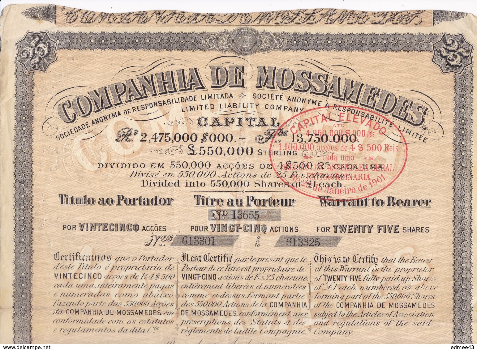 Companhia De Mossâmedes Ltd, Angola, Titre Au Porteur Pour 25 Actions De 25 Francs Chacune, Paris 29 Avril 1901 - M - O