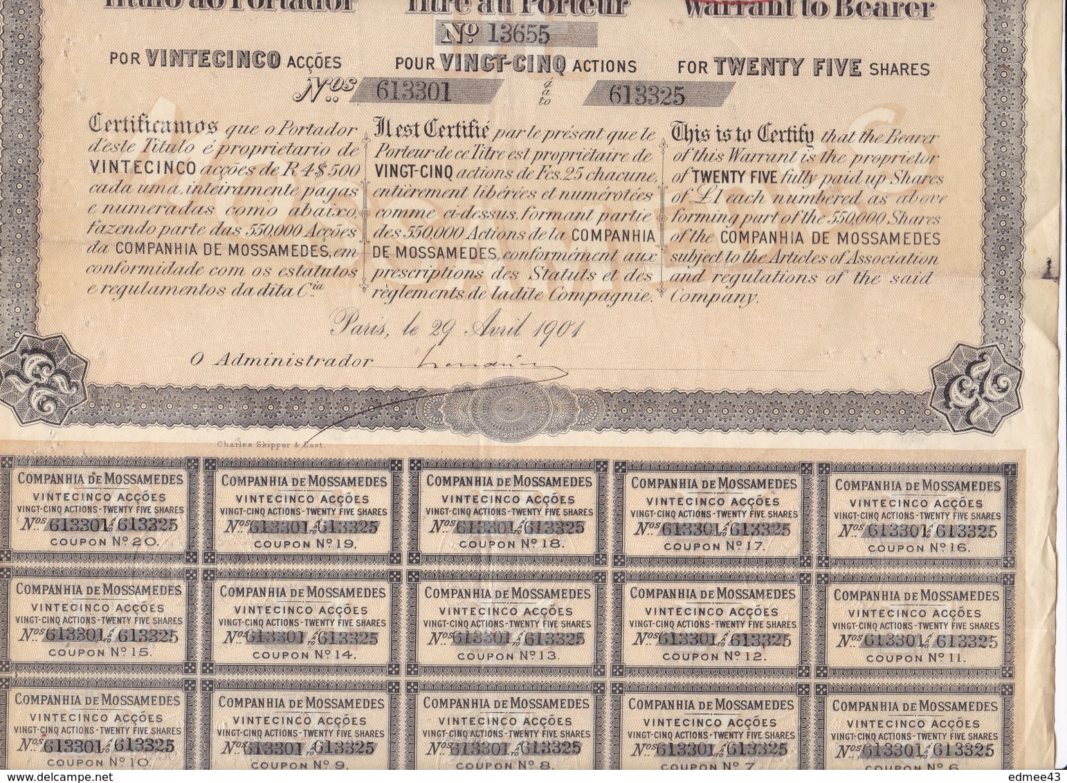 Companhia De Mossâmedes Ltd, Angola, Titre Au Porteur Pour 25 Actions De 25 Francs Chacune, Paris 29 Avril 1901 - M - O