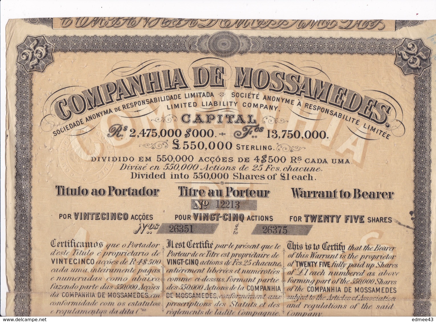 Companhia De Mossâmedes Ltd, Angola, Titre Au Porteur Pour 25 Actions De 25 Francs Chacune, Lisbonne 25 Janvier 1899 - M - O