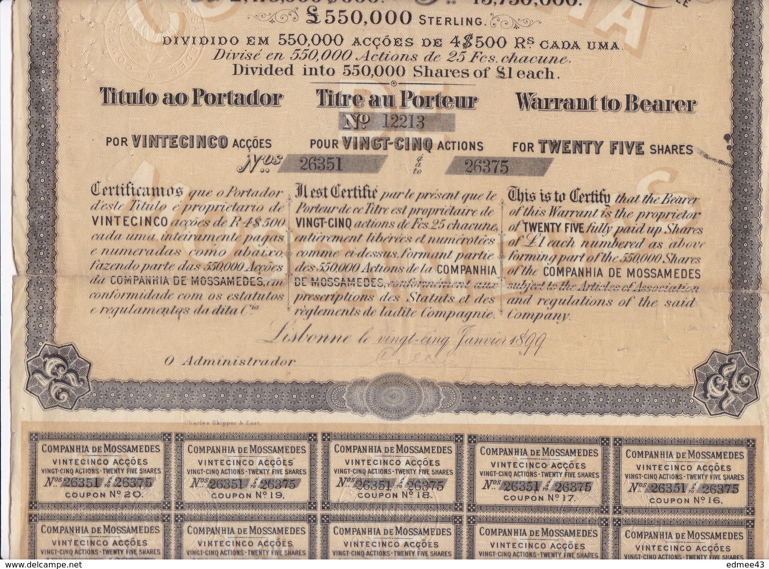 Companhia De Mossâmedes Ltd, Angola, Titre Au Porteur Pour 25 Actions De 25 Francs Chacune, Lisbonne 25 Janvier 1899 - M - O