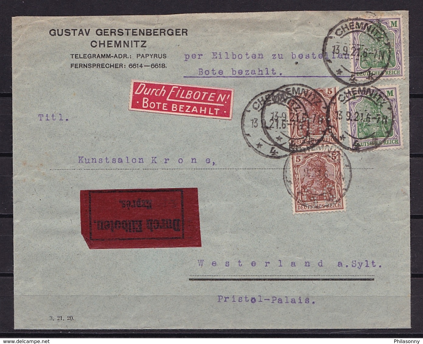 DR MiNr 140 + 150 Auf EILBRIEF V. 13.9.1921 Mit PERFIN CHEMNITZ - WESTERLAND - Briefe U. Dokumente