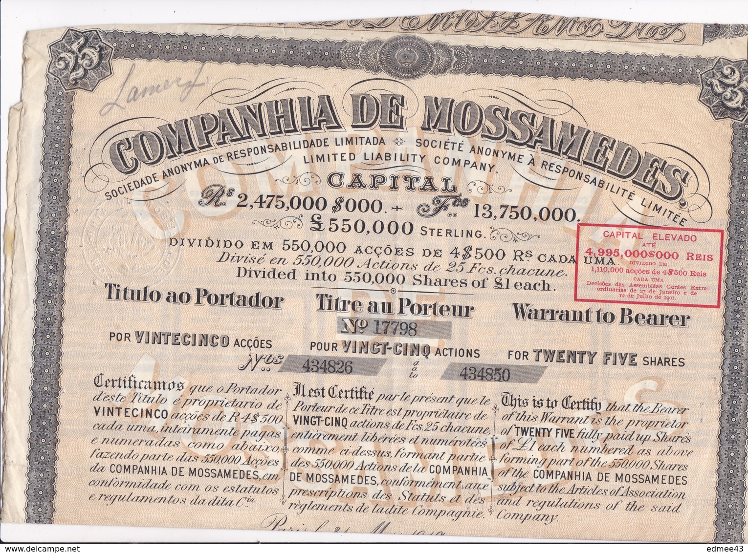 Companhia De Mossâmedes Ltd, Angola, Titre Au Porteur Pour 25 Actions De 25 Francs Chacune, Paris 31 Mars 1910 - M - O