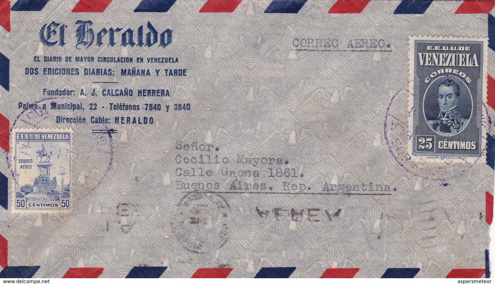 1940 VENEZUELA COMMERCIAL COVER-EL HERALDO. CIRCULEE TO ARGENTINE, BANDELETA PARLANTE- BLEUP - Venezuela