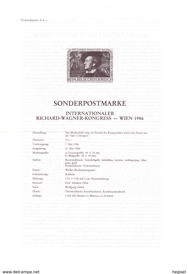 1986 Erläuterungsblatt Incl. Postfrischer Briefmarke: Kongress D. Internat. Richard - Wagner - Bewegung - Briefe U. Dokumente