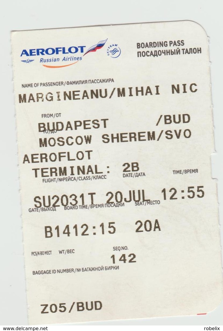 AEROFLOT (Russian Airlines ) - Budapest(Hungary) - Moscow (Russia) -   Boarding Pass - Europe