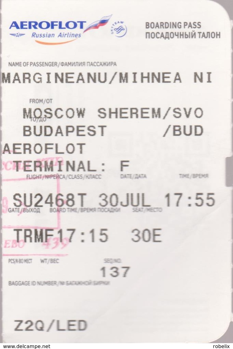 AEROFLOT (Russian Airlines ) -Moscow (Russia) - Budapest(Hungary) -  Boarding Pass X2 - Europa