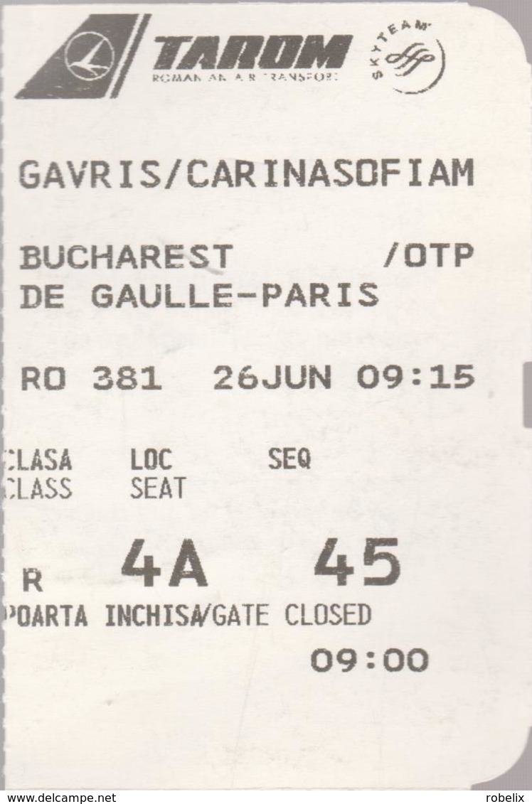 TAROM (-Romanian Airlines ) - Bucharest(Romania) -Paris (France) -Boarding Pass X2 - Europa