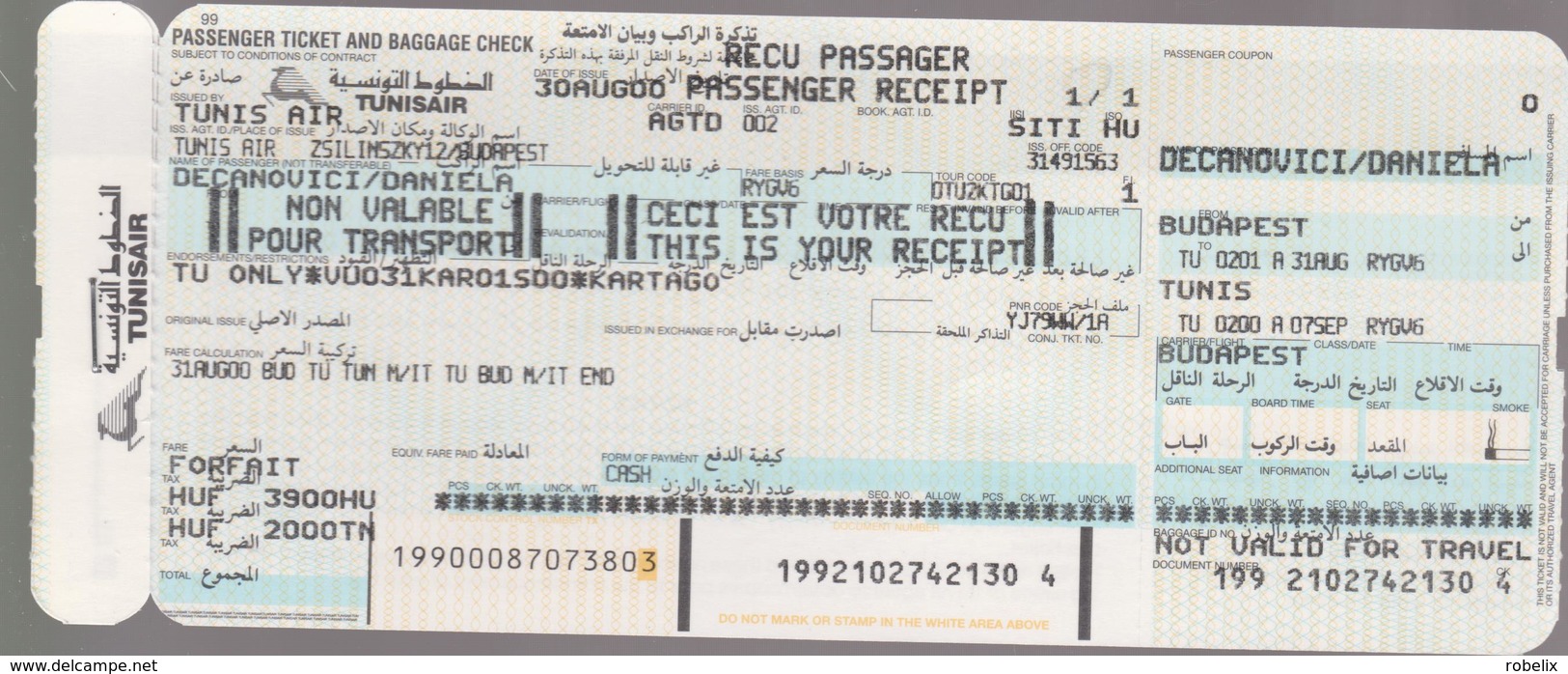 TUNIS AIR (Tunisian Airlines)- 2000 -Passenger Ticket  BUDAPEST (Hungary) - TUNIS (Tunisia)4 Scans - Monde