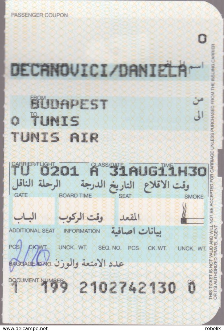 TUNIS AIR (Tunisian Airlines)- 2000 -Passenger Ticket  BUDAPEST (Hungary) - TUNIS (Tunisia)4 Scans - Welt