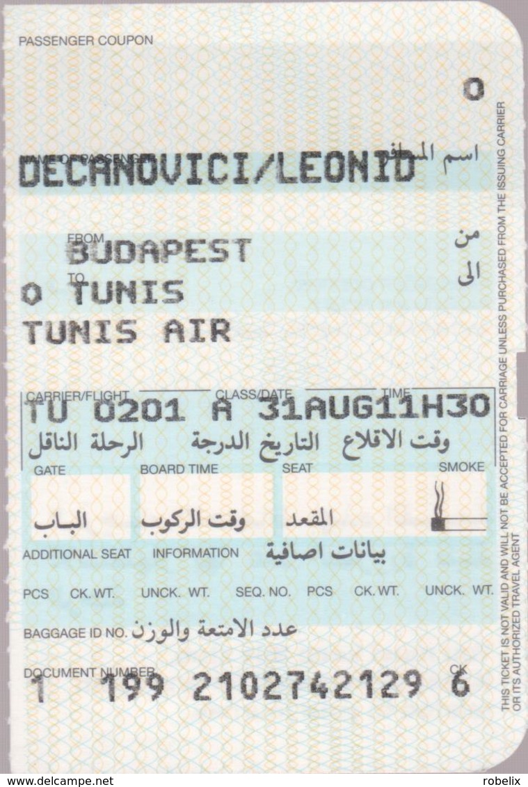 TUNIS AIR (Tunisian Airlines) - 2000 - Passenger Ticket  BUDAPEST (Hungary) - TUNIS (Tunisia)4 Scans - Welt