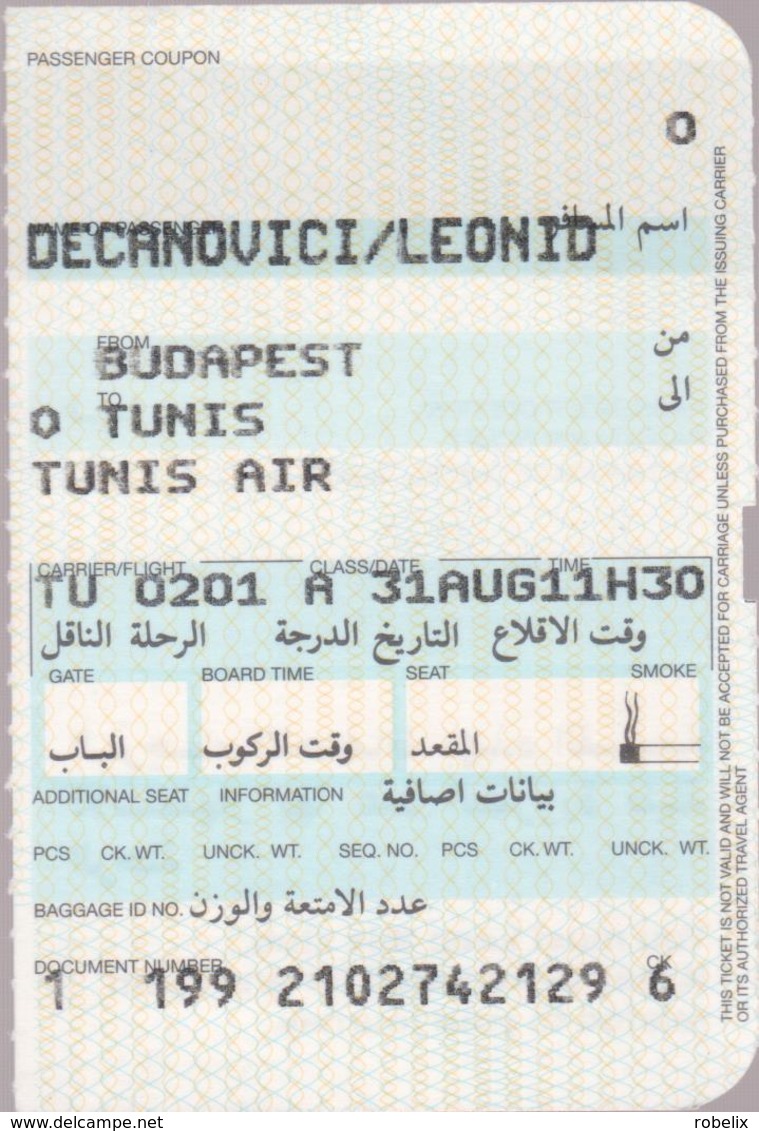 TUNIS AIR (Tunisian Airlines) - 2000 - Passenger Ticket  BUDAPEST (Hungary) - TUNIS (Tunisia)4 Scans - World