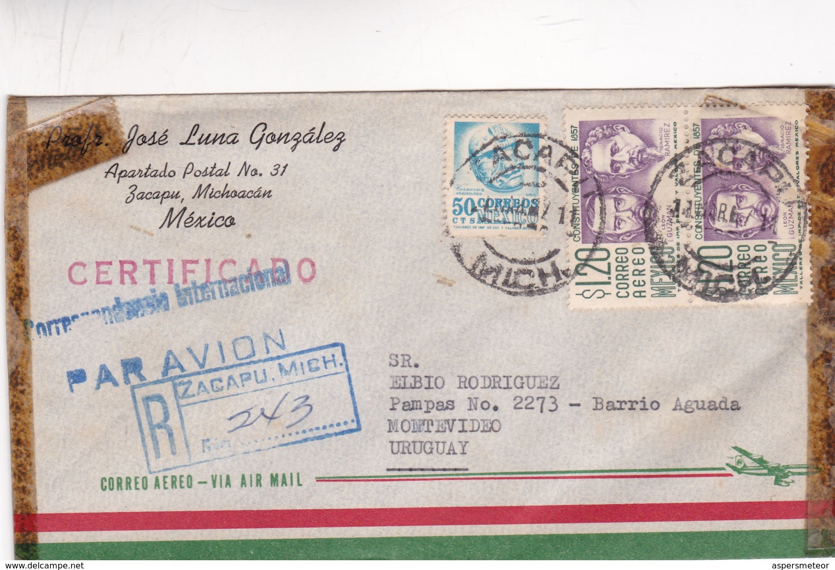 1967 MEXICO COMMERCIAL COVER-PROF JOSE LUNA GONZALES. CIRCULEE TO URUGUAY, REGISTERED, TIMBRE A PAIR- BLEUP - Mexique