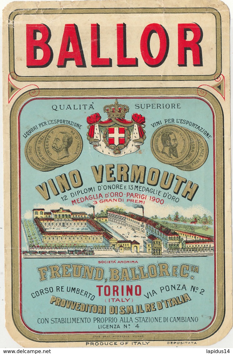 AN 509 / ETIQUETTE   BALLOR  VINO   VERMOUTH    TORINO ITALIE - Other & Unclassified