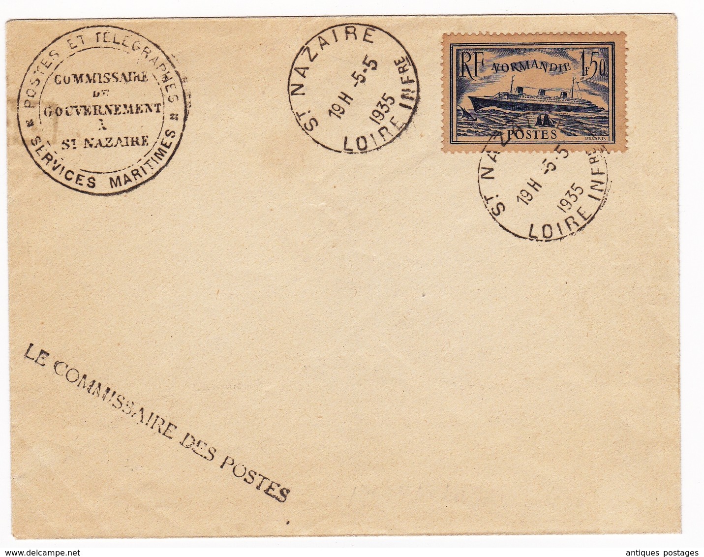 Saint Nazaire 1935 Loire Atlantique Paquebot Le Normandie Le Commissaire Des Postes Service Maritime - Lettres & Documents