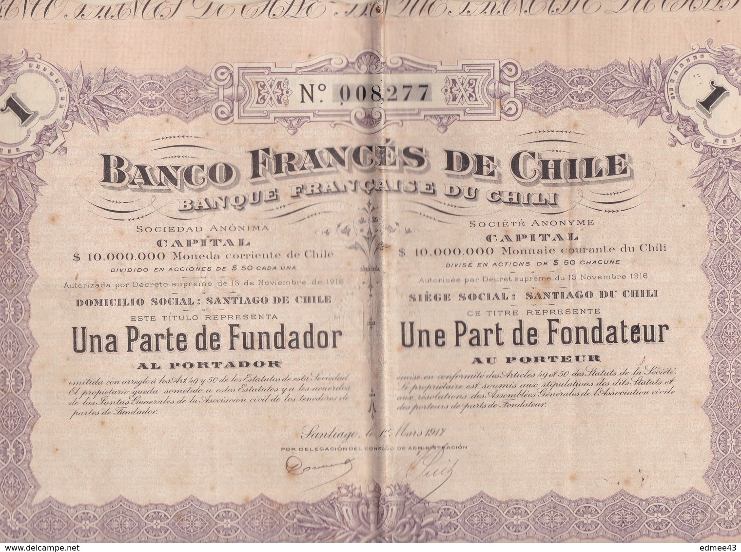 Banque Française De Chili, Une Part De Fondateur, Santiago Du Chili, 1er Mars 1917 - A - C