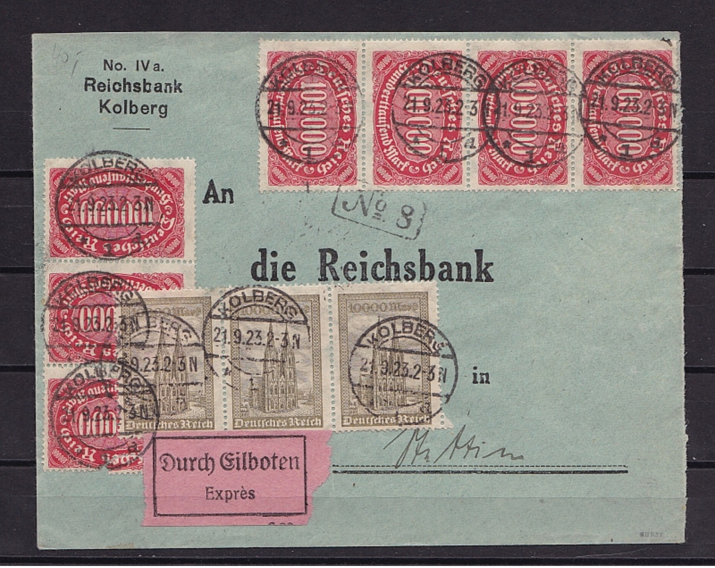 DR EILBRIEF INFLA Mit MiNr 257 + 262a V. KOLBERG Nach STETTIN V. 21.9.1923 - Brieven En Documenten