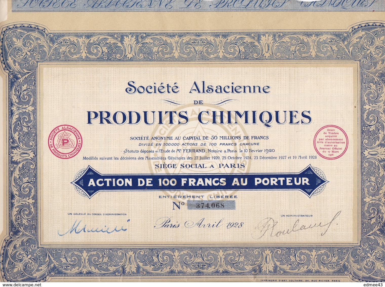 Société Alsacienne De Produits Chimiques, Action De 100 F, Paris, Avril 1928 - A - C