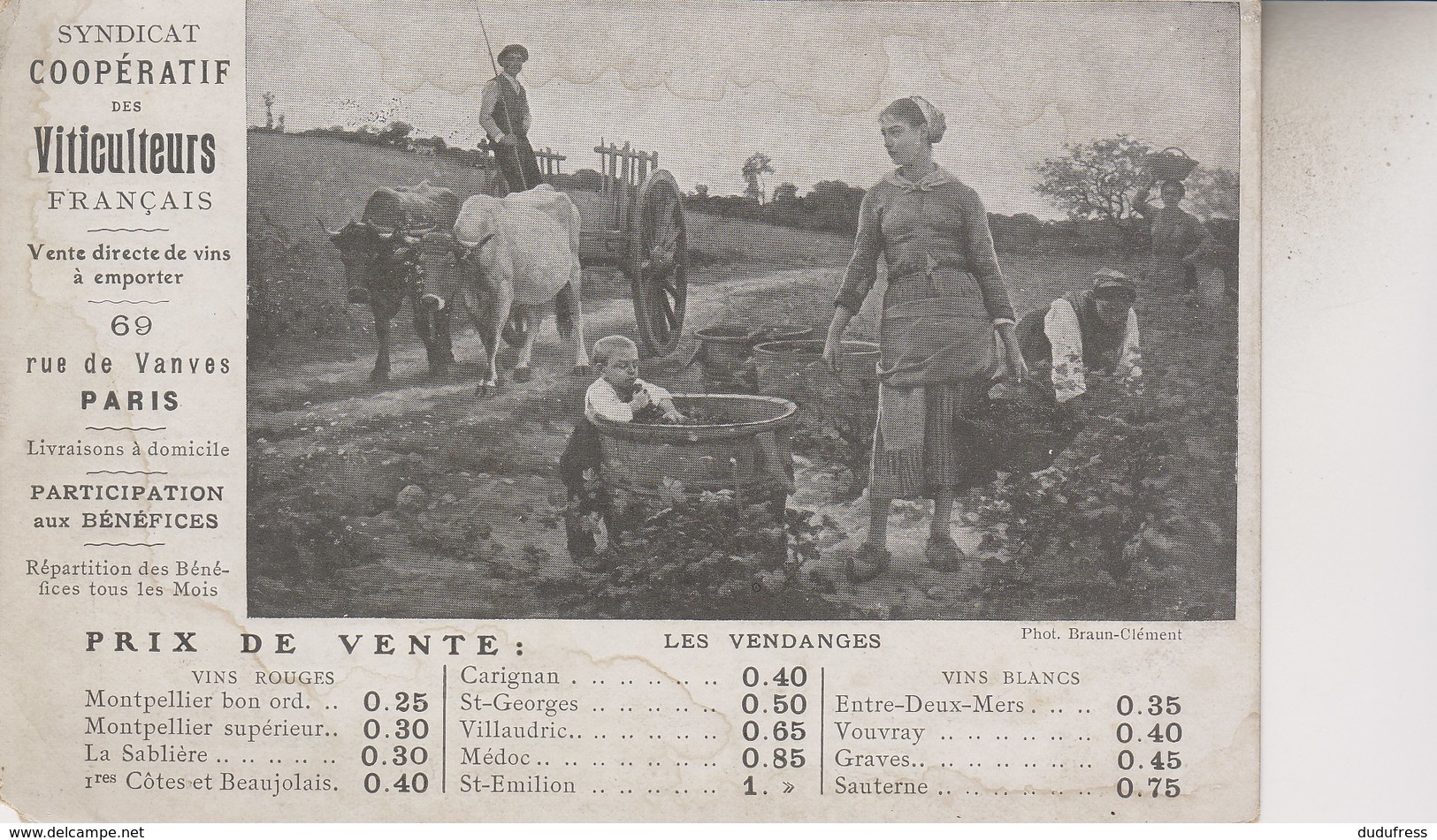 SYNDICAT  COOPERATIF DES VITICULTEURS FRANCAIS 69 RUE DE VANVES PARIS - Labor Unions