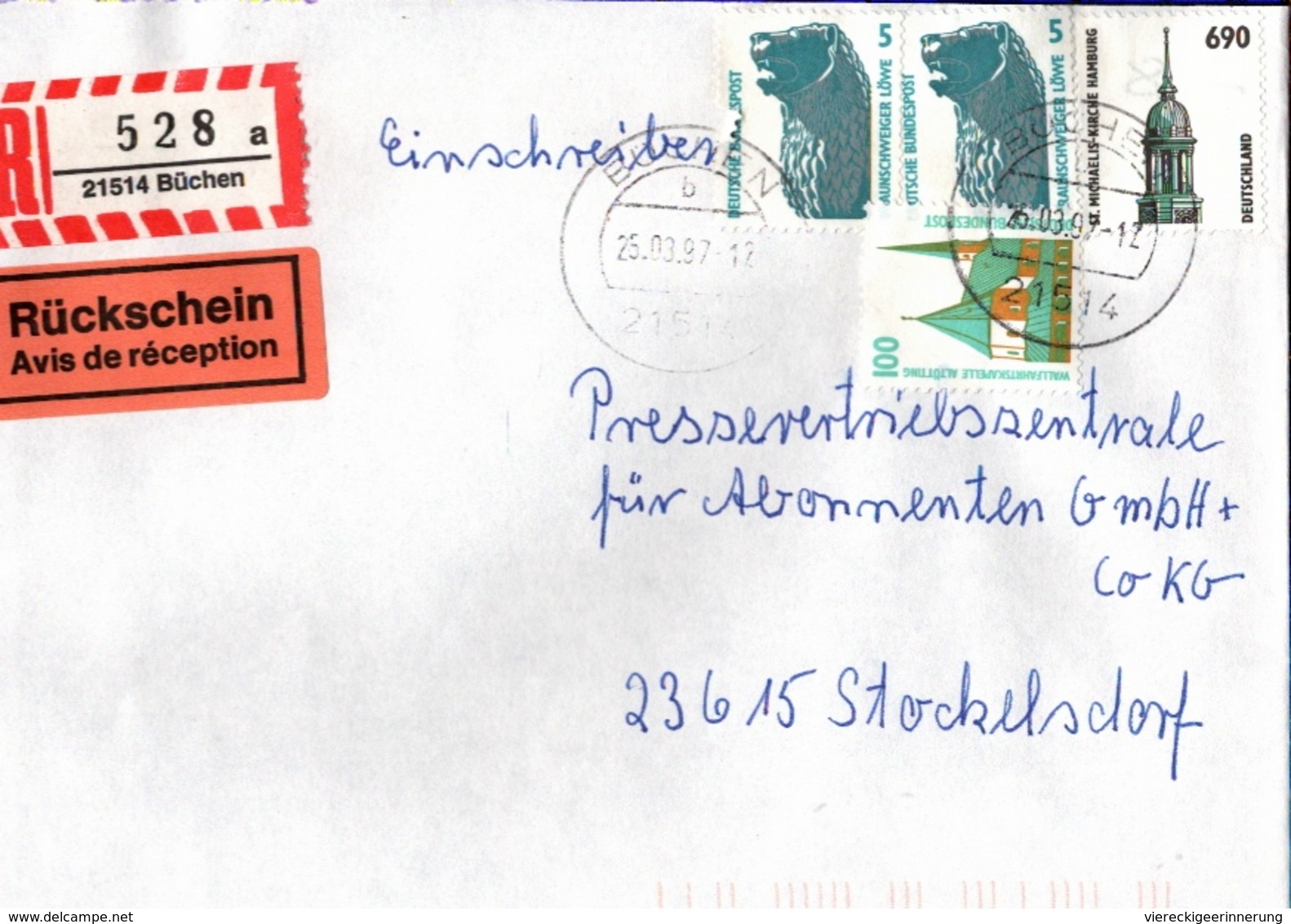 ! 1 Einschreiben Rückschein 1997, R-Zettel Aus Büchen, 21514, Herzogtum Lauenburg, Schleswig-Holstein - R- Und V-Zettel