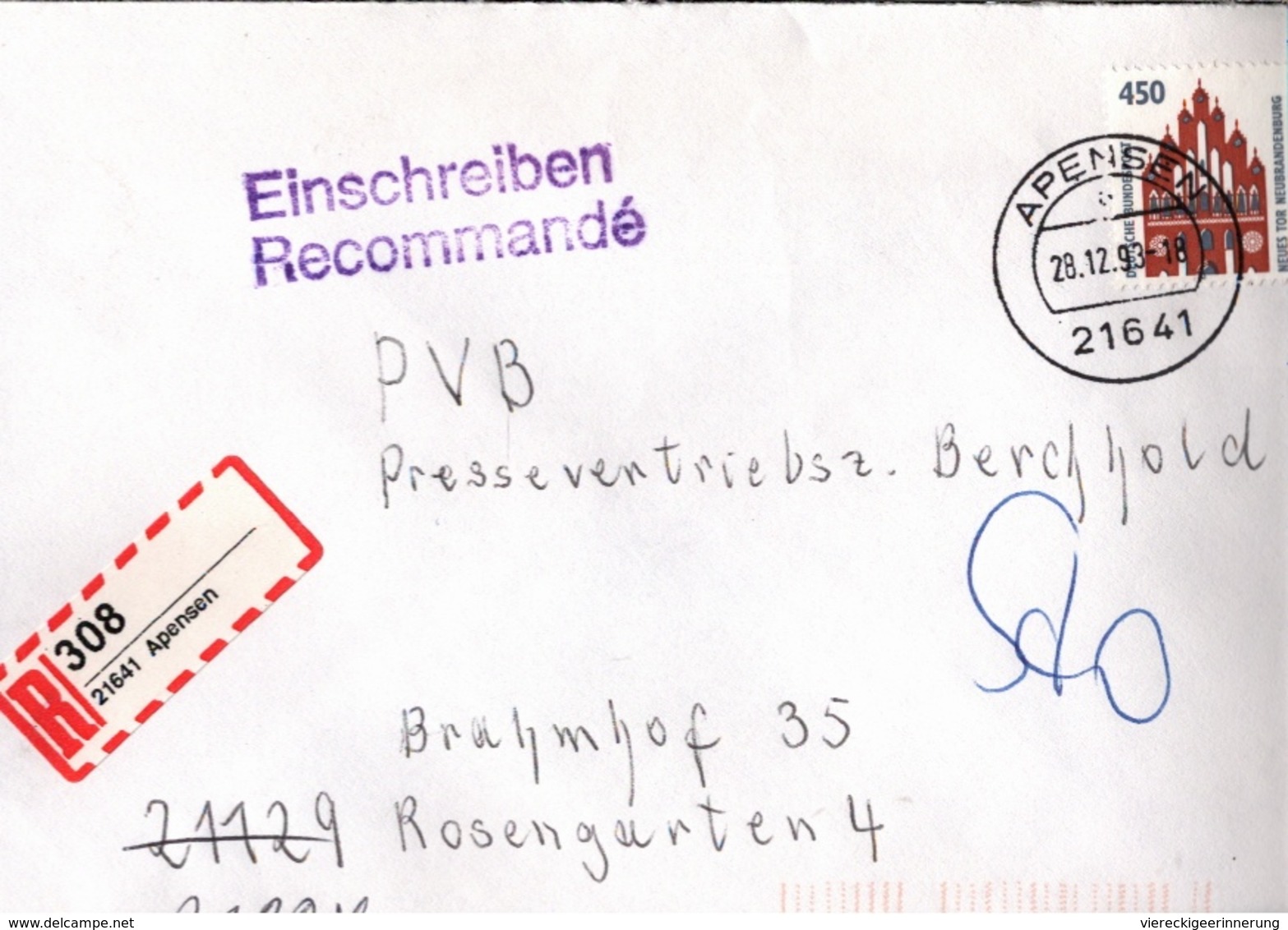 ! 1 Einschreiben , 1993, Mit Selbstklebenen R-Zettel Aus 21641 Apensen - R- & V- Vignette