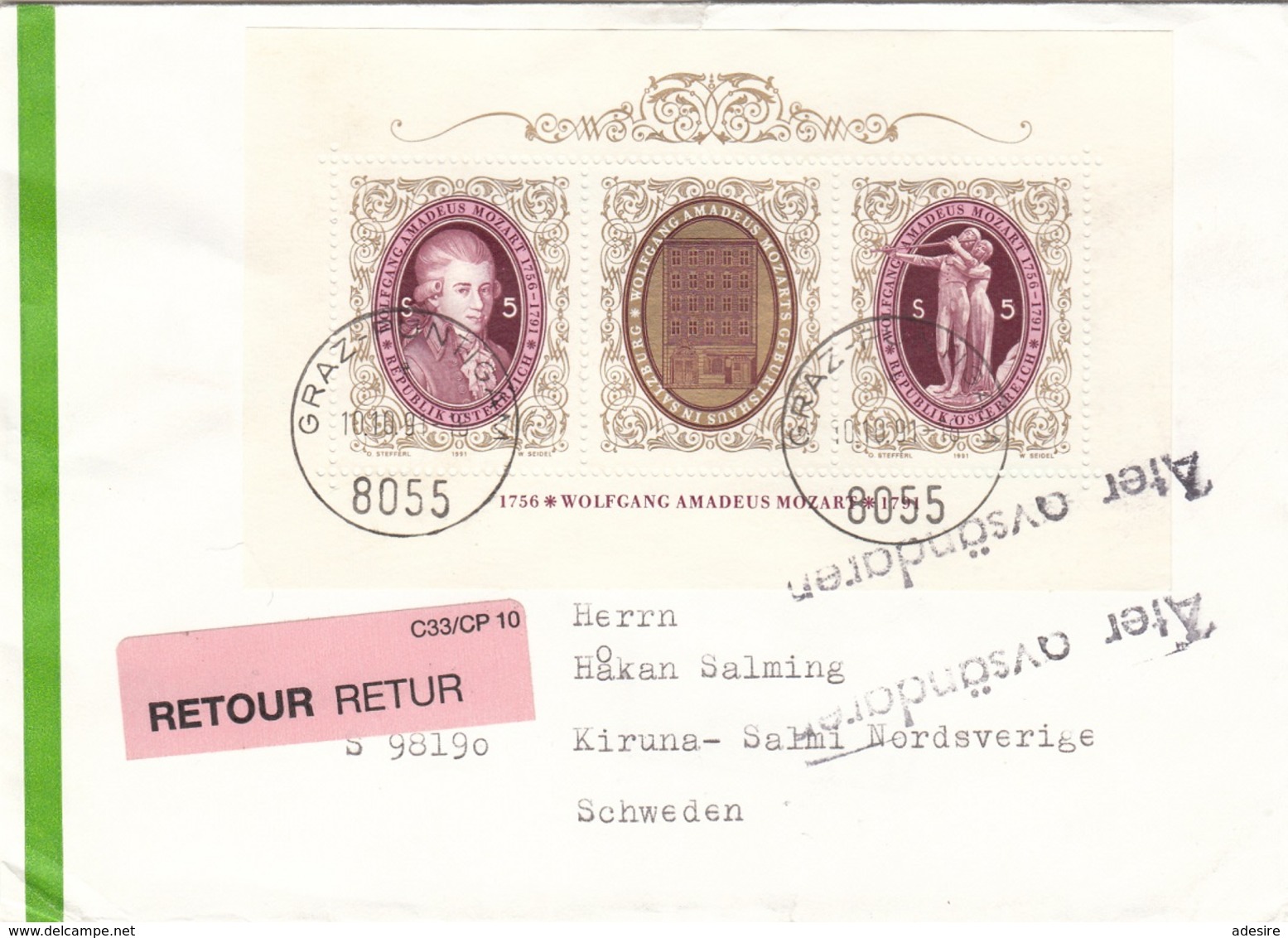 Brief ÖSTERREICH 1991 - Brief Mit Block Frankierung, Retourstempel, Gel.v. Graz > Kiruna > Graz - Abarten & Kuriositäten