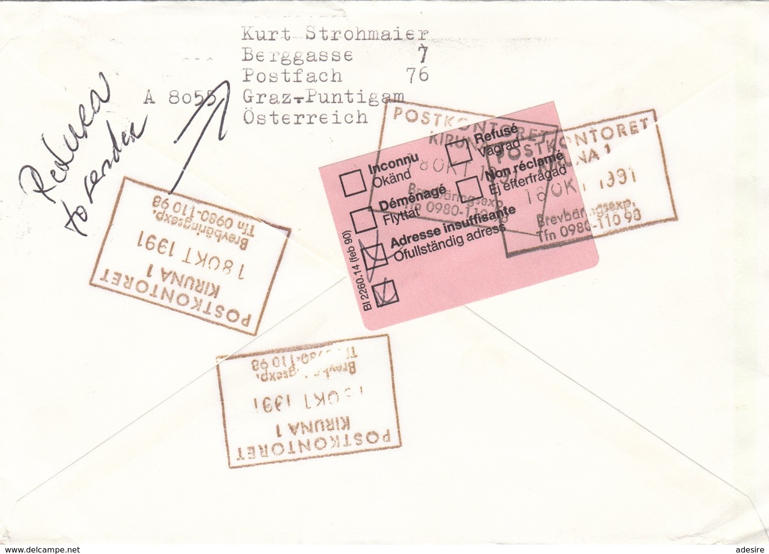 Brief ÖSTERREICH 1991 - Brief Mit Block Frankierung, Retourstempel, Gel.v. Graz > Kiruna > Graz - Abarten & Kuriositäten