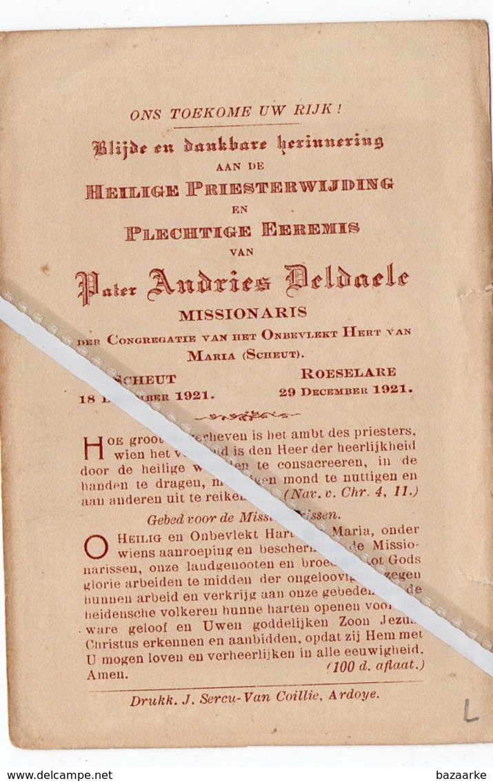 ROESELARE..1921..PLECHTIGE EREMIS PATER ANDRIES DELDAELE MISSIONARIS VAN SCHEUT - Images Religieuses