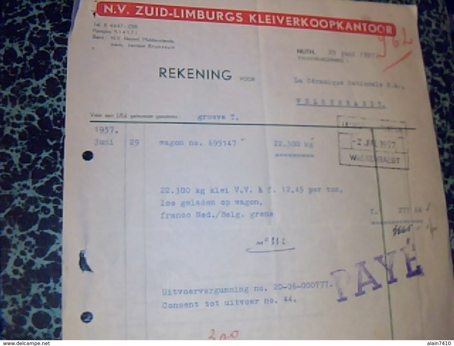 Facture Pays Bas ZUID LIMBURG KLEIVERKOOPKANTOOR Annèe 1957à NUth - Pays-Bas
