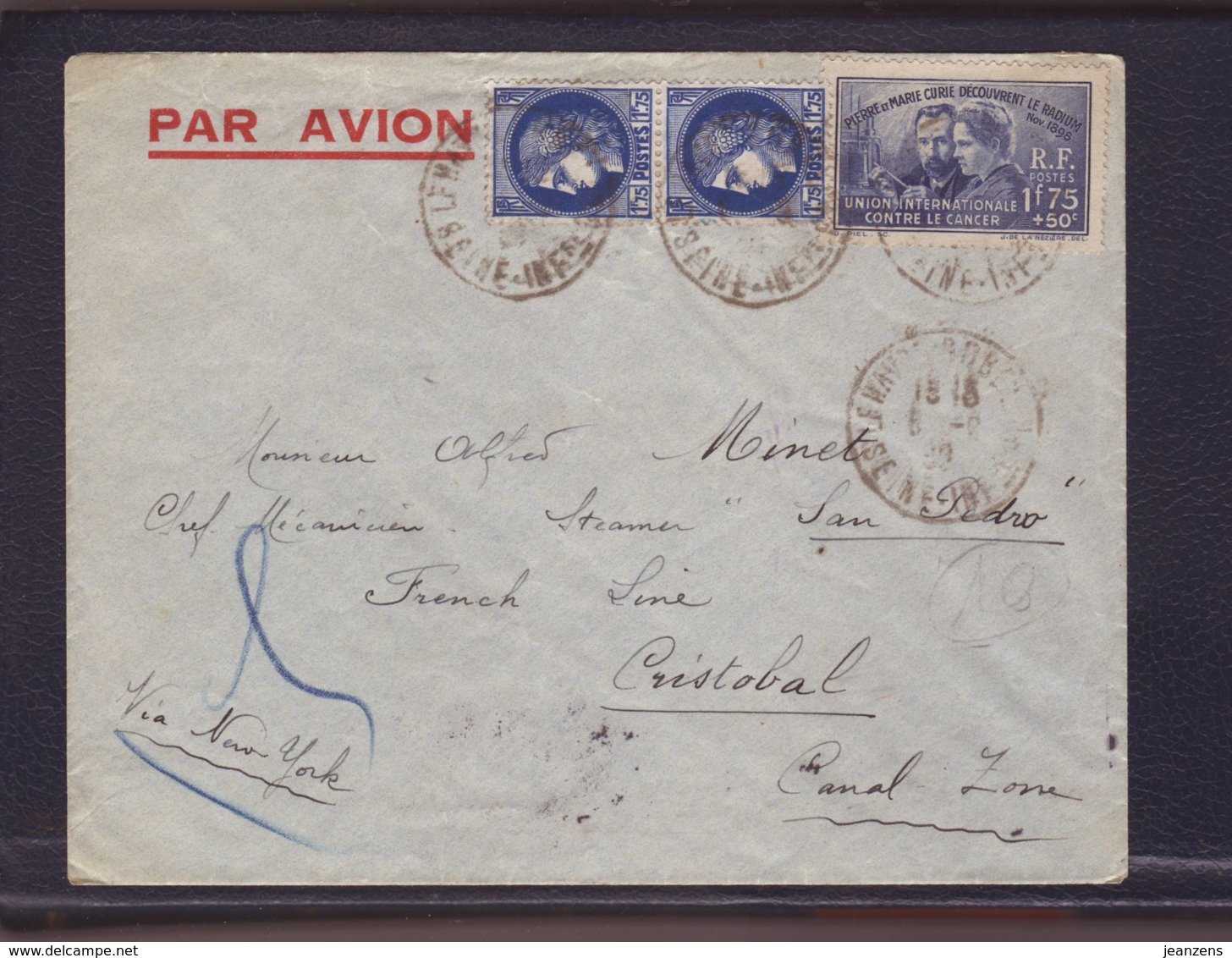 Lettre Par Avion Du Havre 08.09.1938 Aff Paire Cérès 1f75 + 1f75 P Et M Curie Pour Le Steamer San Pédro à Cristobal  C.Z - 1921-1960: Modern Tijdperk