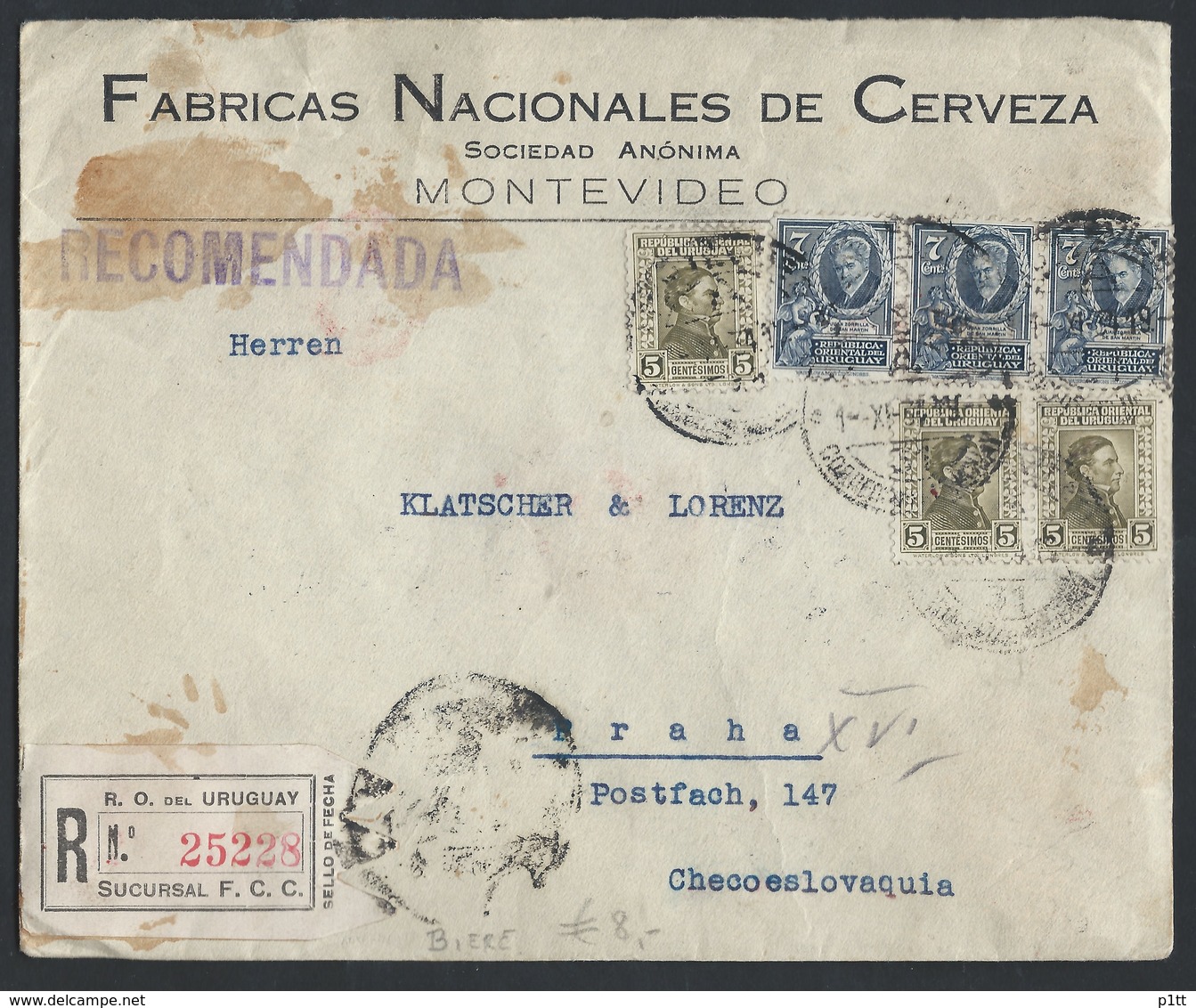 1URUInternational Registered Valuable Closed Letter. Post Office 1934 Montevideo (Uruguay) Prague (Czechoslovakia). - Storia Postale