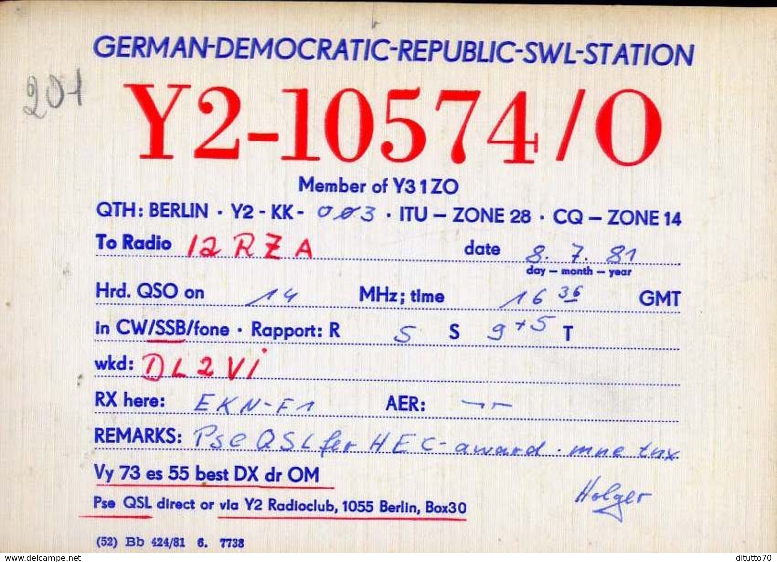 Radio - German Democratic Repubblic Swl Station - Y2 10574-o - Berlin - Radio Amatoriale