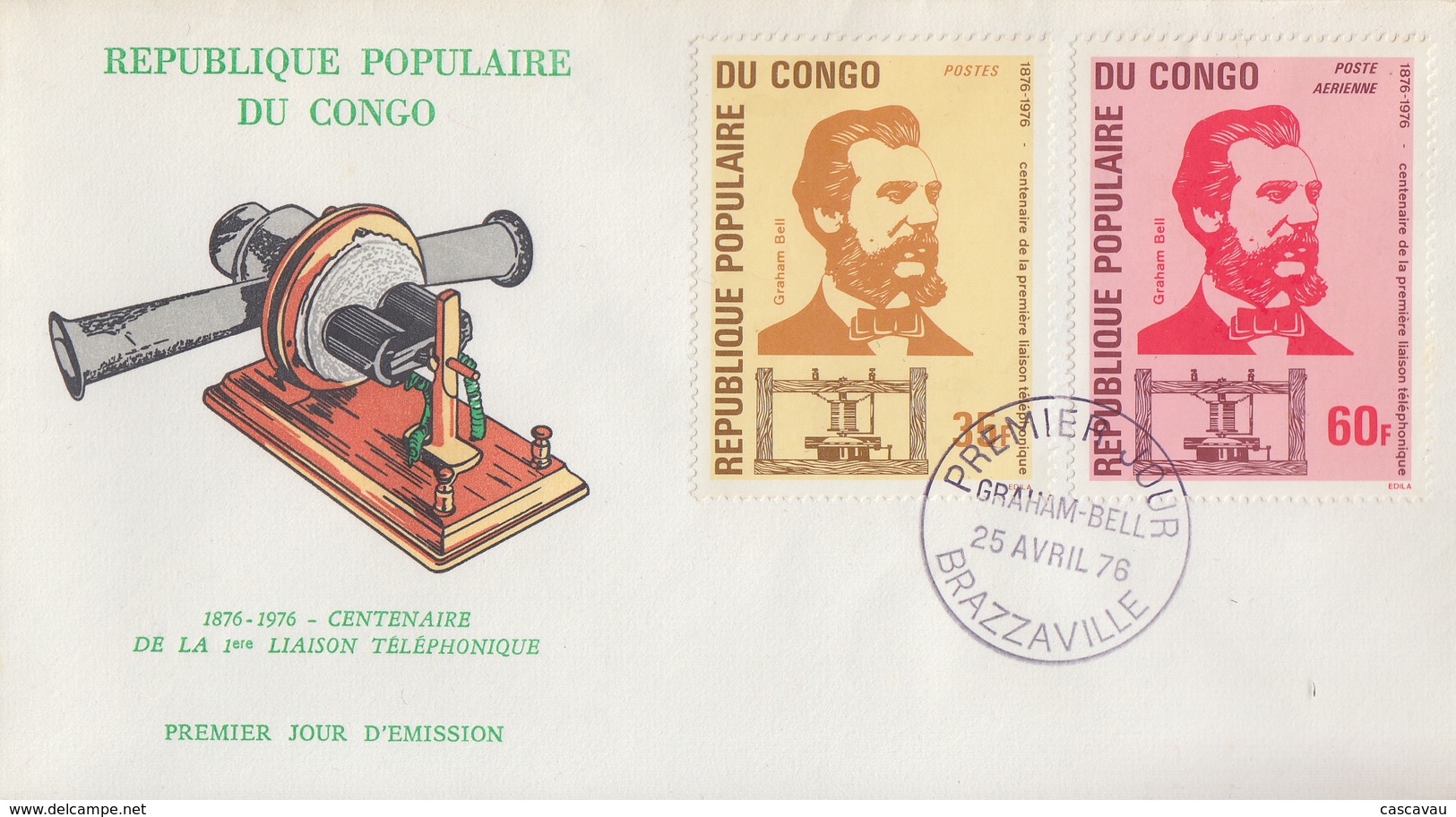 Enveloppe  FDC  1er  Jour   CONGO     Graham  BELL    Centenaire  1ére   Liaison  Téléphonique     1976 - FDC