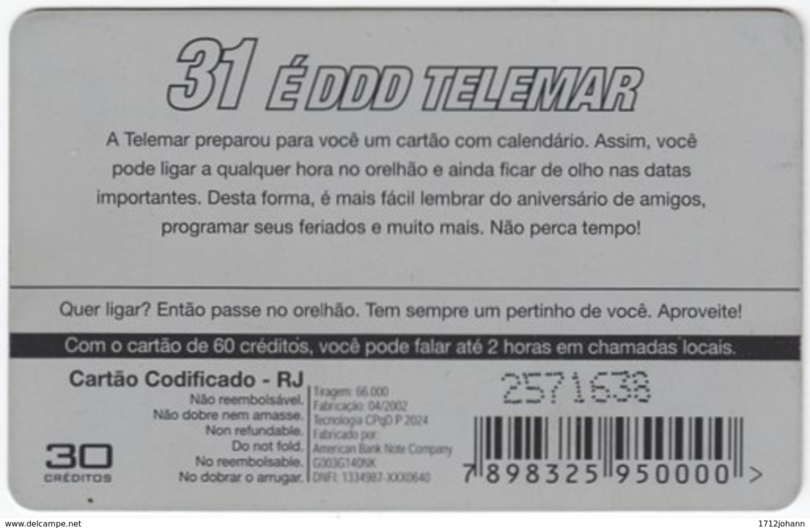 BRASIL I-859 Magnetic Telemar - Calendar December 2002 - Used - Brasilien