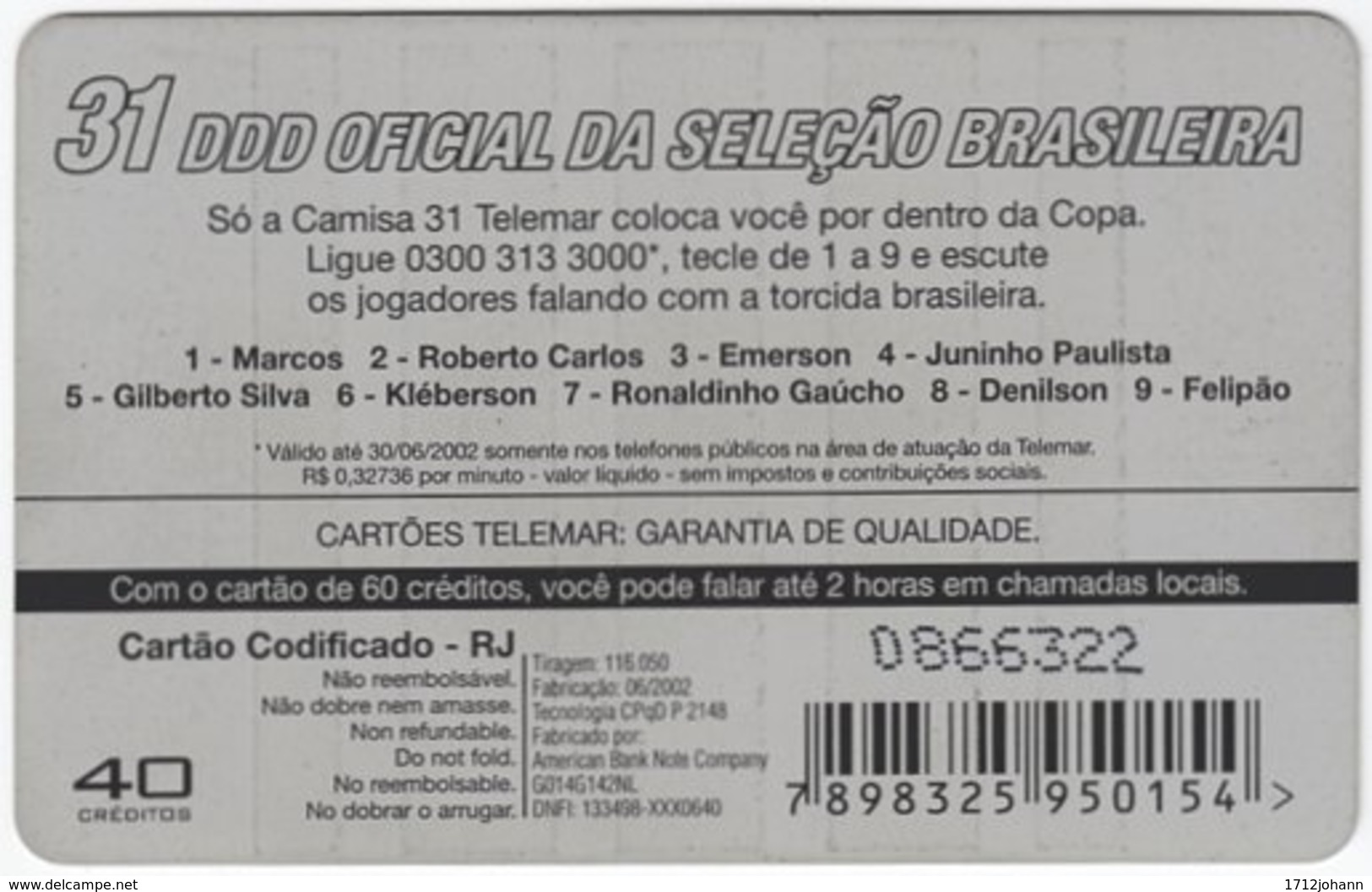 BRASIL I-909 Magnetic Telemar - Sport, Soccer, Kleberson - Used - Brasilien