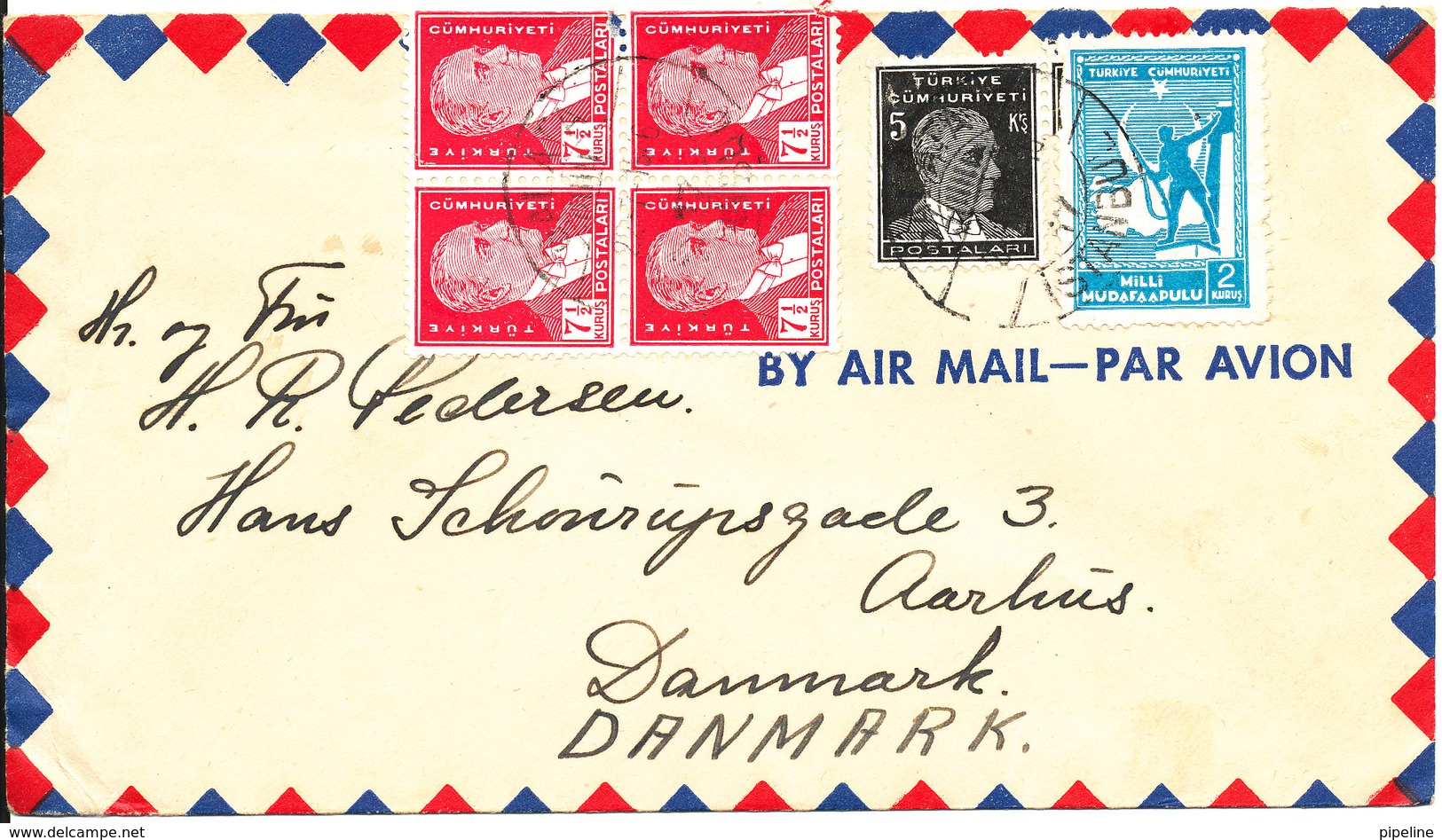 Turkey Air Mail Cover Sent To Denmark 22-7-1946 (1 Of The Stamps In The Block Of 4 Is Damaged) - Airmail