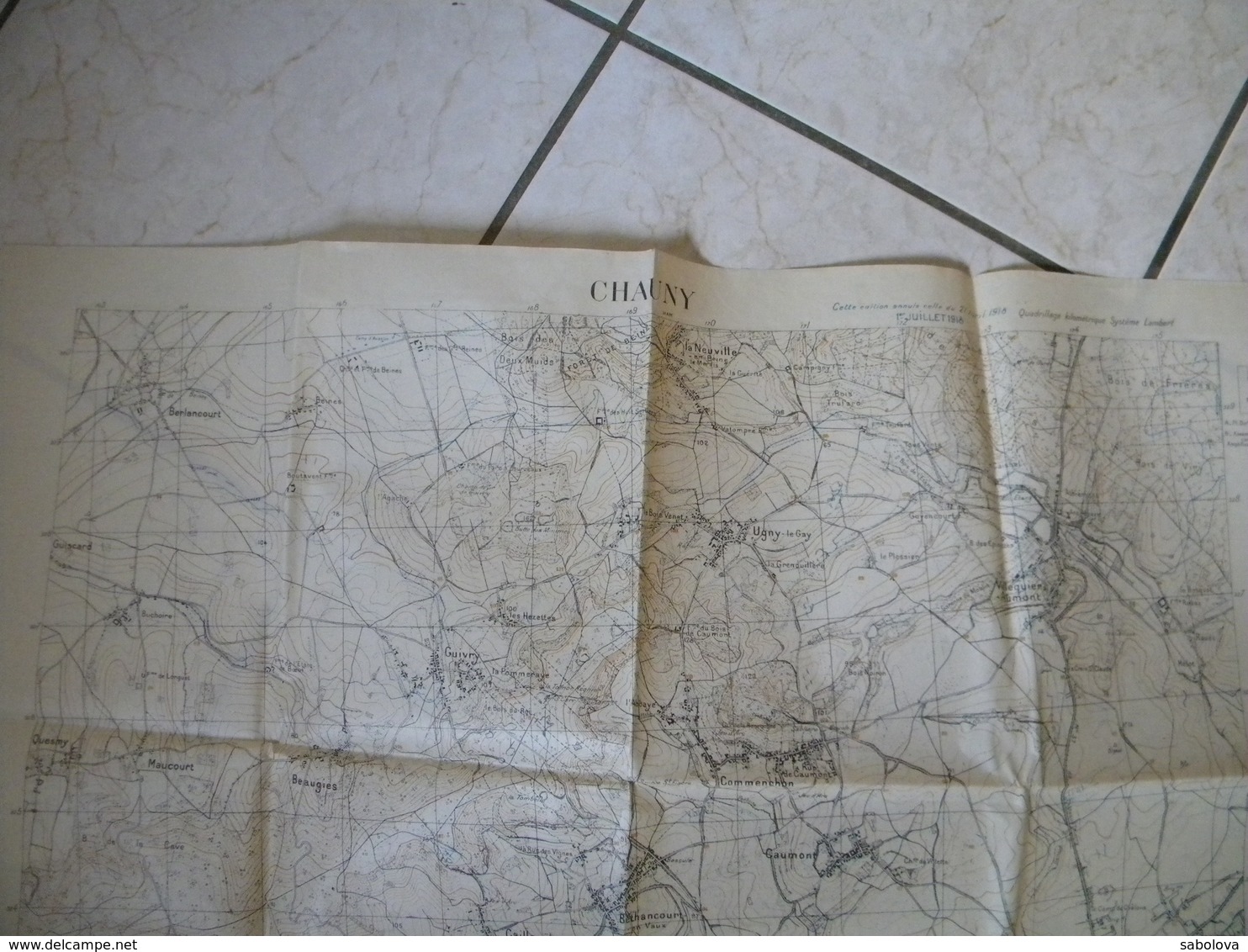 1914/1918 carte 1/20000 état major 2,06/0,75 Mètre. Chauny près Laon. Juillet 2018. vue sur tranchées nommées et chemins