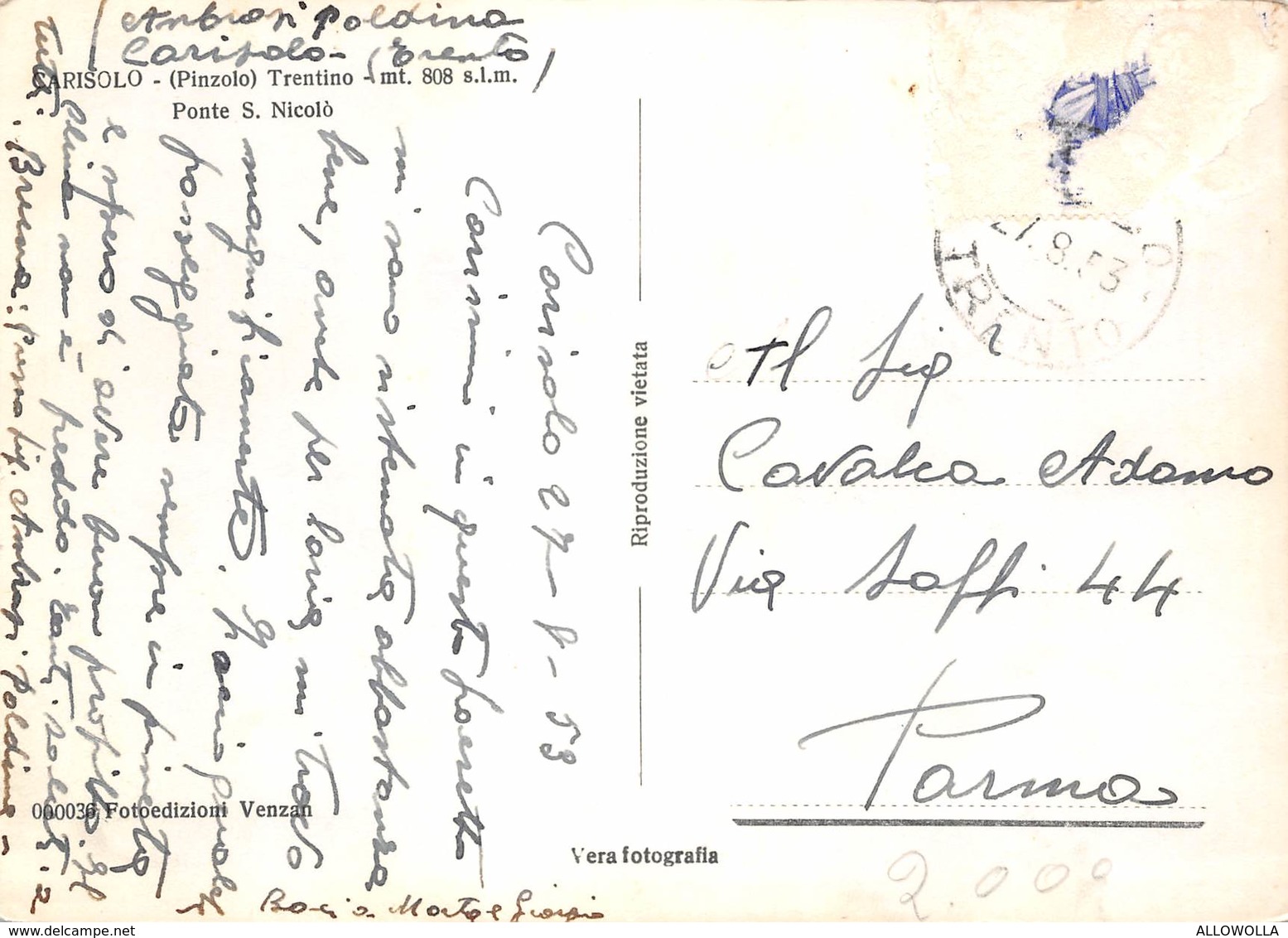 4846 " CARISOLO (PINZOLO) (mt. 808 S.l.m.)-PONTE S. NICOLO' " - CART. POSTALE ORIGINALE SPED.1953 - Other & Unclassified