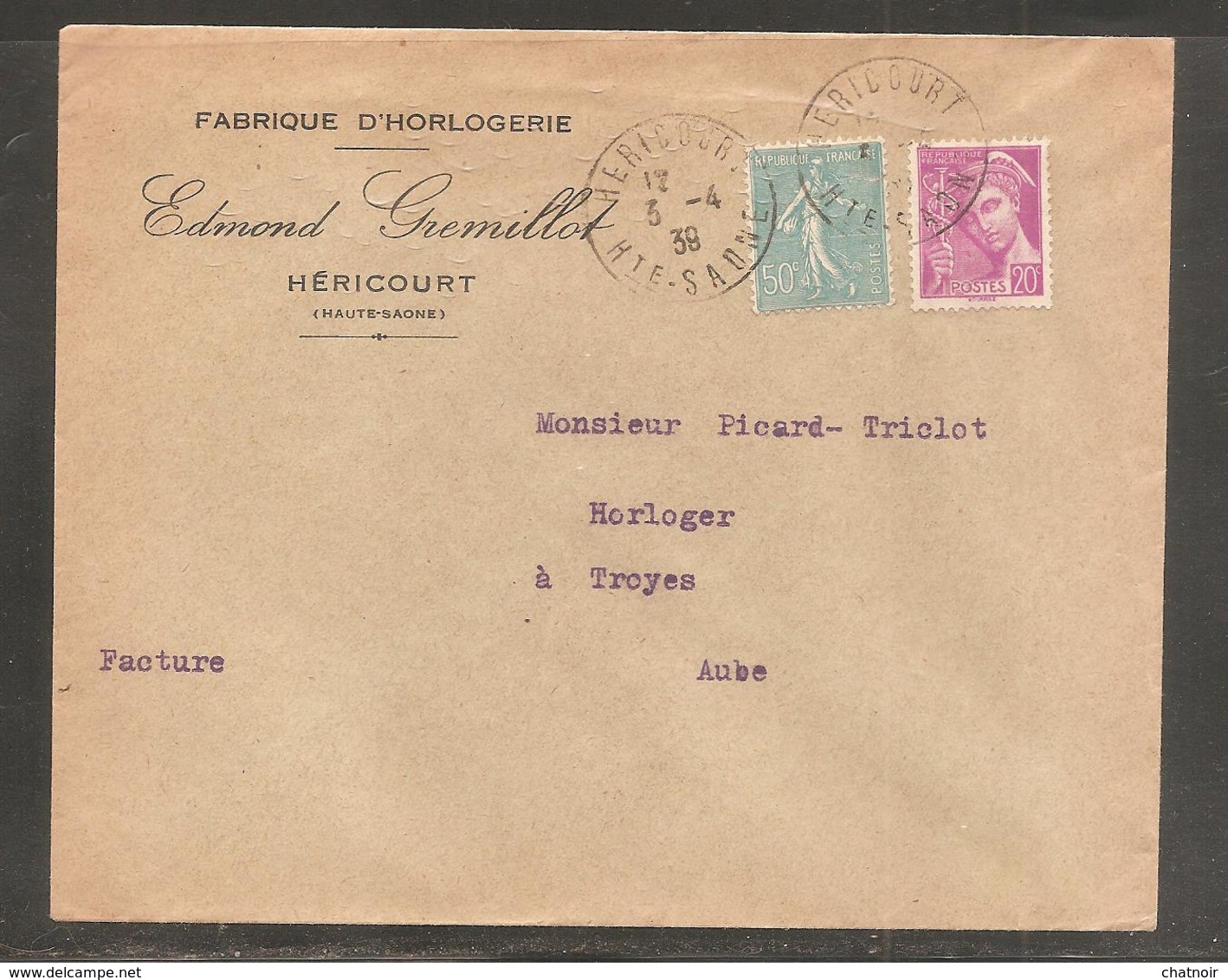 Envel Oblit  HERICOURT   HAUTE SAONE  1939 / 50c Semeuse 20c Mercure /fabrique D Horlogerie - Storia Postale