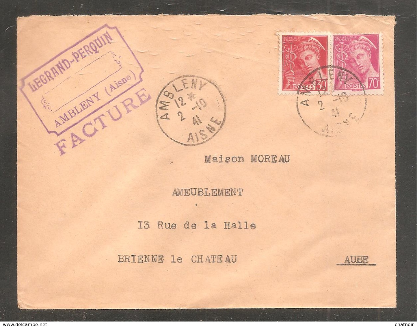 Envel   Oblit  AMBLENY     Aisne 1941   70c Et 30c Mercure - Lettres & Documents