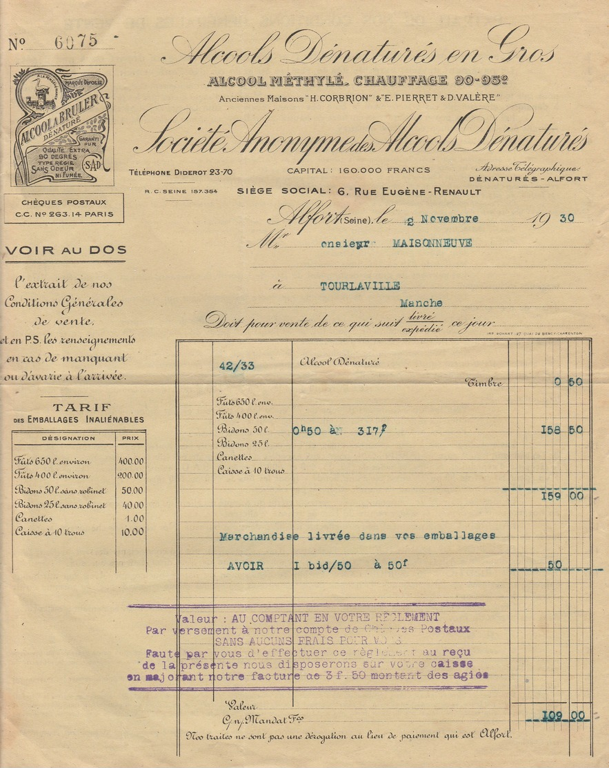 Facure Alcool Denatures En G Ros . Alfort 1930 - 1900 – 1949